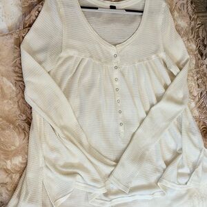 Free People We The Free Cream Waffle Knit Henley Long Sleeve Top Large Boho
